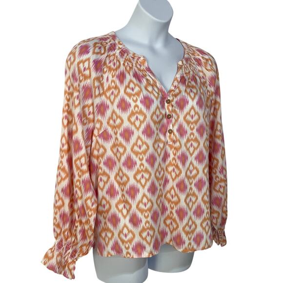 Destination 365 Top Womens Size Large Ikat Print Split-Neck Blouse Pink Blouse - Picture 8 of 10